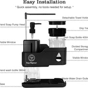 Transform Your Sink Space with Our Stylish 4-in-1 Black Kitchen Soap Dispenser Set – Dual Pump Bottles, Sponge Holder, Towel Bar & Drain Rack for Ultimate Organization and Hygiene