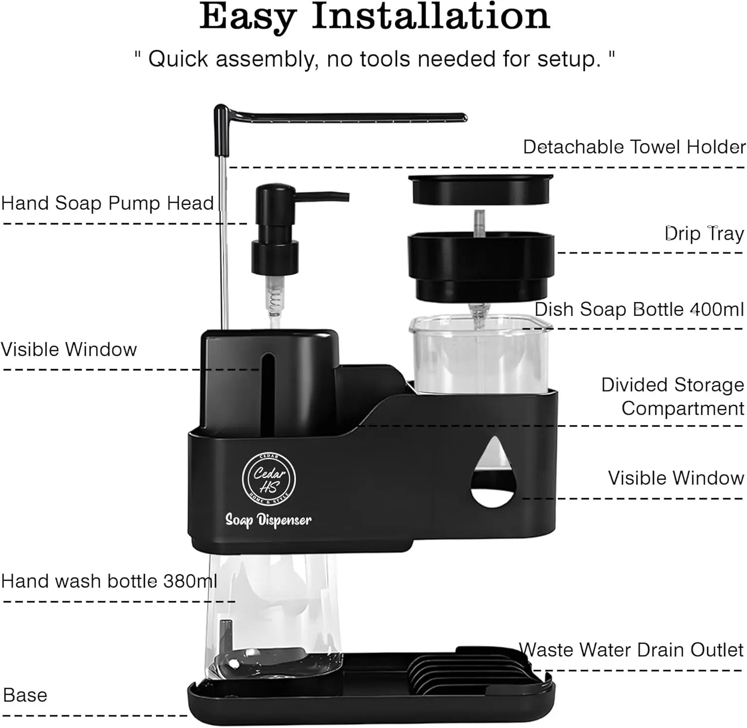Transform Your Sink Space with Our Stylish 4-in-1 Black Kitchen Soap Dispenser Set – Dual Pump Bottles, Sponge Holder, Towel Bar & Drain Rack for Ultimate Organization and Hygiene