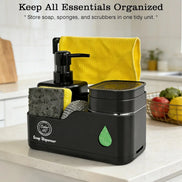Transform Your Sink Space with Our Stylish 4-in-1 Black Kitchen Soap Dispenser Set – Dual Pump Bottles, Sponge Holder, Towel Bar & Drain Rack for Ultimate Organization and Hygiene