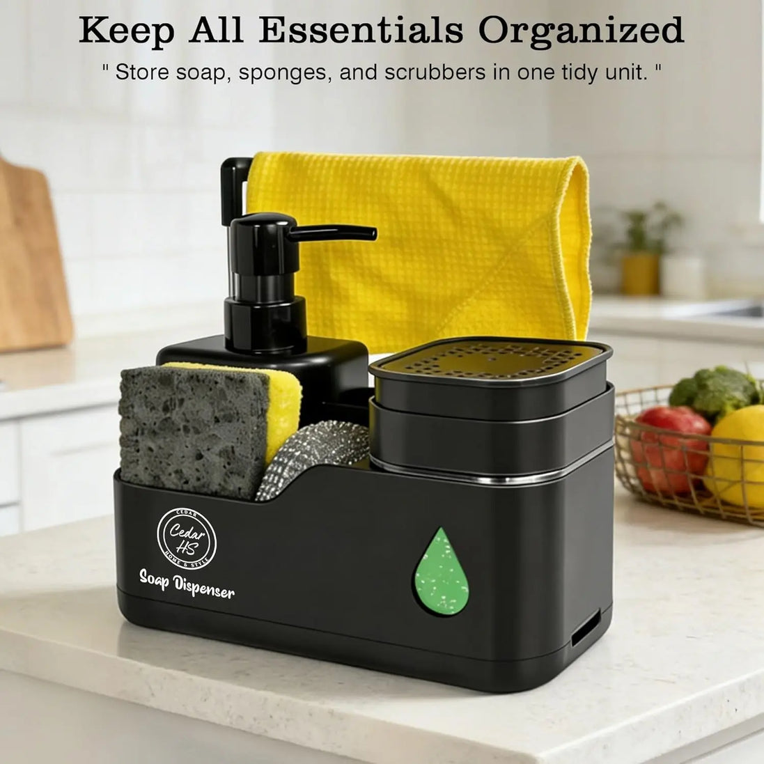Transform Your Sink Space with Our Stylish 4-in-1 Black Kitchen Soap Dispenser Set – Dual Pump Bottles, Sponge Holder, Towel Bar & Drain Rack for Ultimate Organization and Hygiene