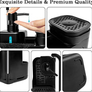 Transform Your Sink Space with Our Stylish 4-in-1 Black Kitchen Soap Dispenser Set – Dual Pump Bottles, Sponge Holder, Towel Bar & Drain Rack for Ultimate Organization and Hygiene