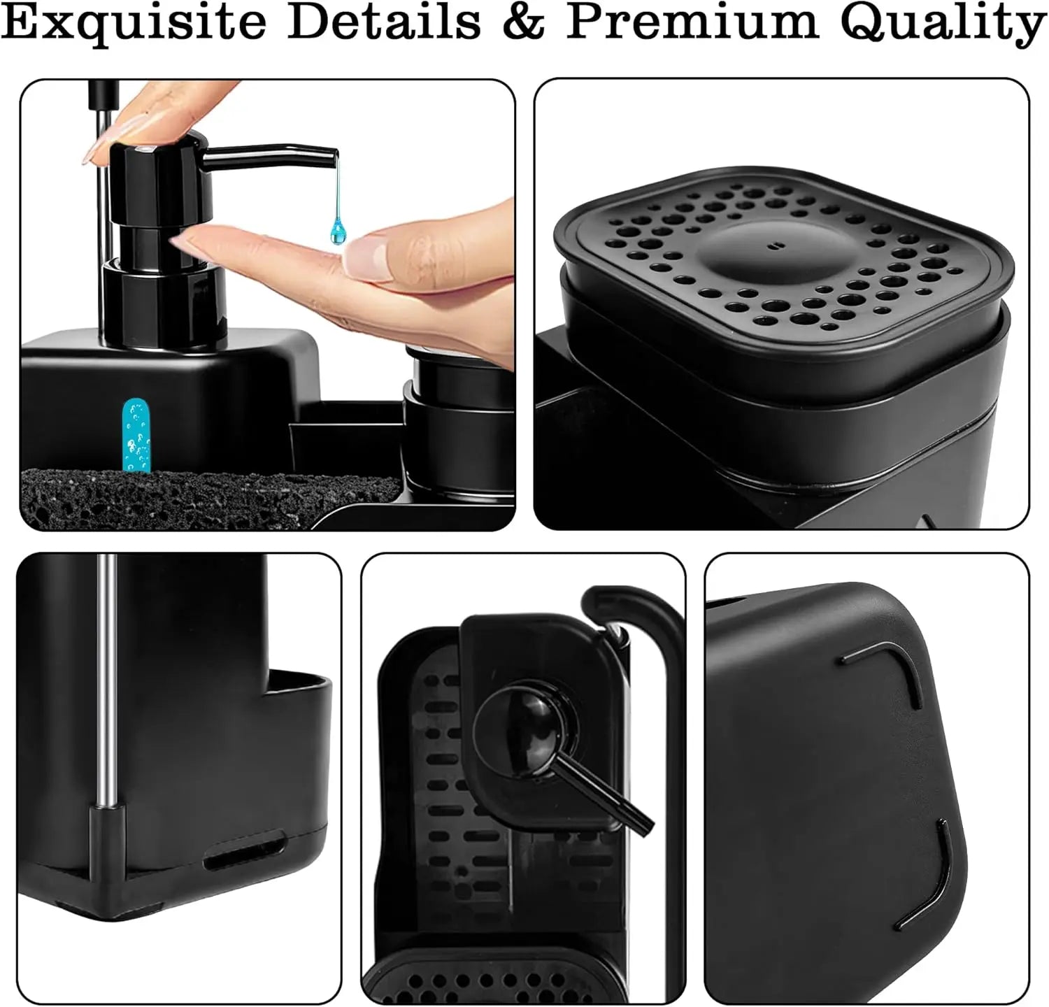 Transform Your Sink Space with Our Stylish 4-in-1 Black Kitchen Soap Dispenser Set – Dual Pump Bottles, Sponge Holder, Towel Bar & Drain Rack for Ultimate Organization and Hygiene