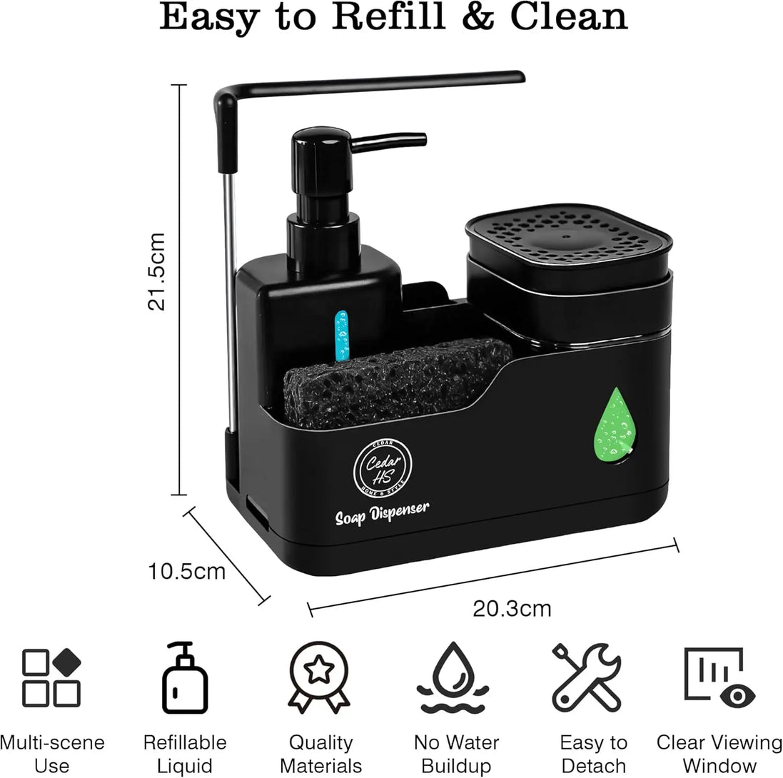Transform Your Sink Space with Our Stylish 4-in-1 Black Kitchen Soap Dispenser Set – Dual Pump Bottles, Sponge Holder, Towel Bar & Drain Rack for Ultimate Organization and Hygiene