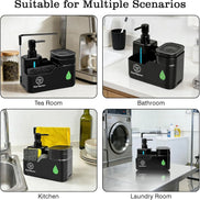 Transform Your Sink Space with Our Stylish 4-in-1 Black Kitchen Soap Dispenser Set – Dual Pump Bottles, Sponge Holder, Towel Bar & Drain Rack for Ultimate Organization and Hygiene