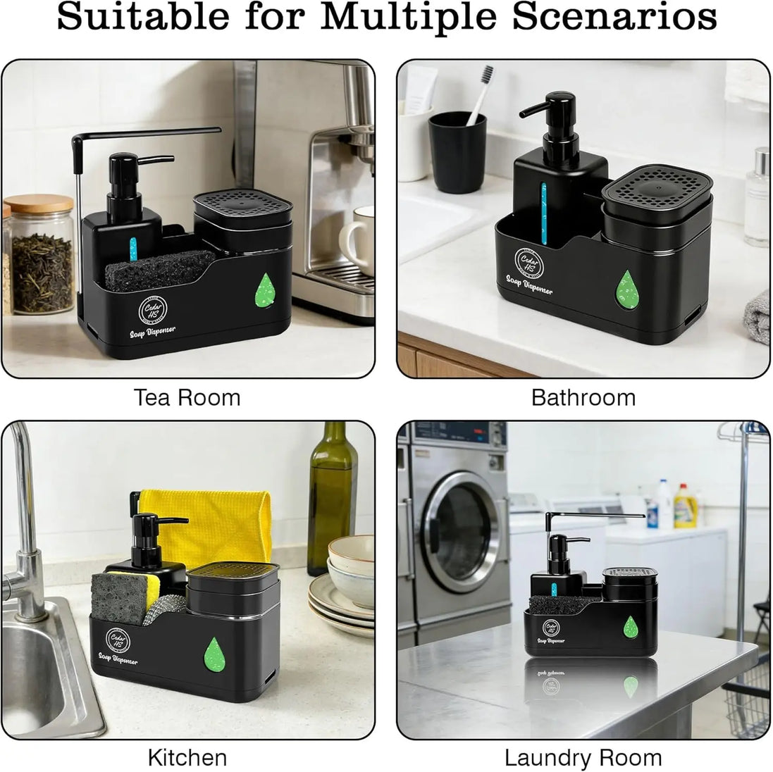 Transform Your Sink Space with Our Stylish 4-in-1 Black Kitchen Soap Dispenser Set – Dual Pump Bottles, Sponge Holder, Towel Bar & Drain Rack for Ultimate Organization and Hygiene