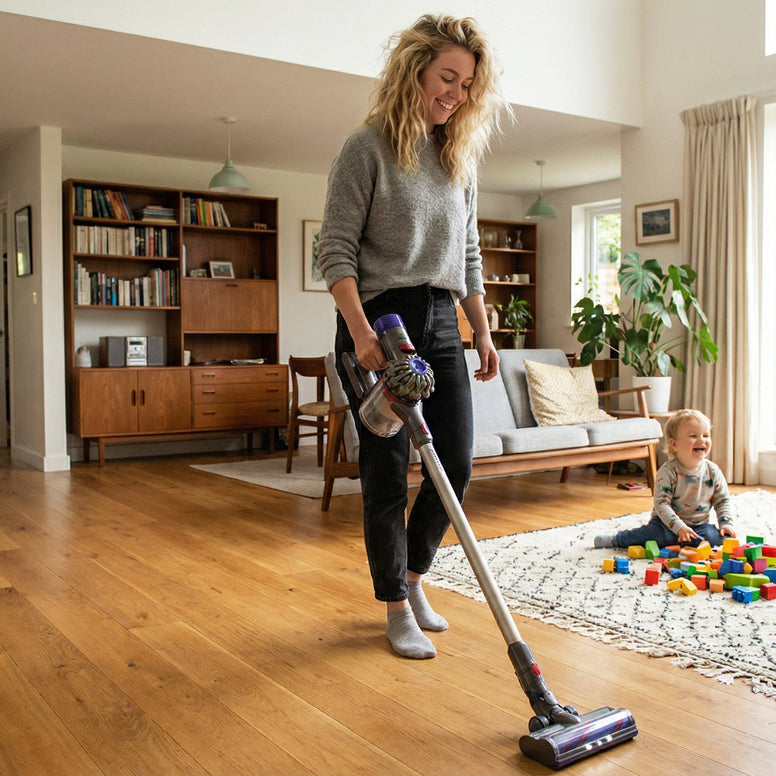 Woman using a vacuum cleaner in a living room with a child playing on the floor.