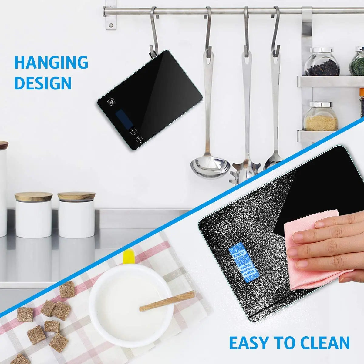 Kitchen scene with digital scale, hanging utensils, and a person cleaning a surface.