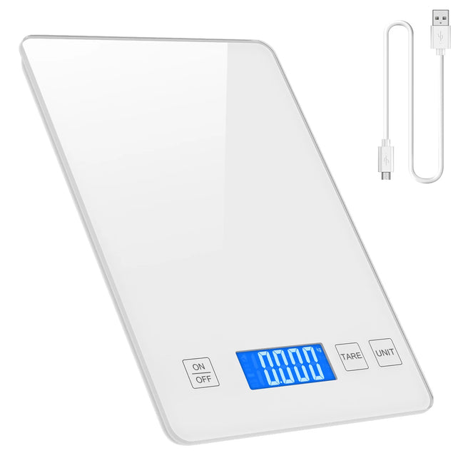 Digital kitchen scale with power cable on a white background