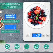 Digital kitchen scale with a plate of fruits and vegetables, showing weight measurement.
