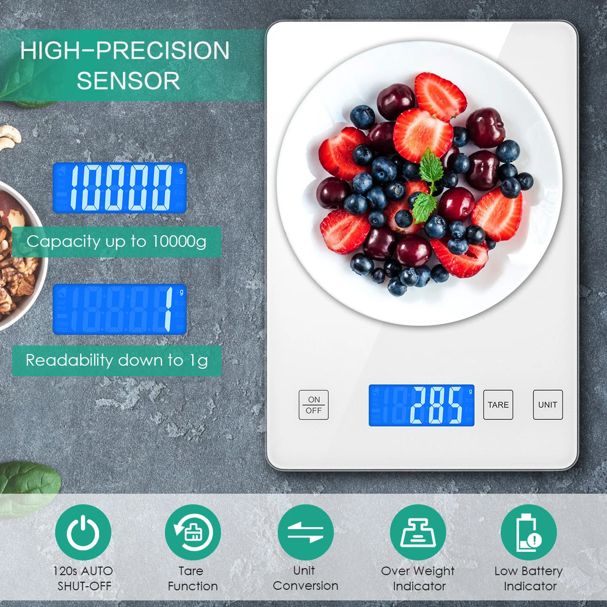Digital kitchen scale with a plate of fruits and vegetables, showing weight measurement.