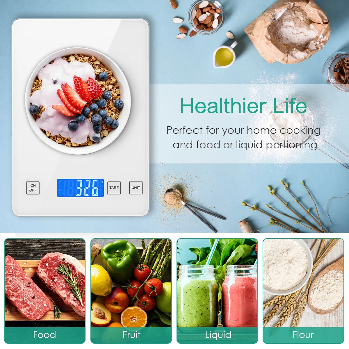 Digital kitchen scale with a bowl of cereal, surrounded by food items and text promoting healthier living.