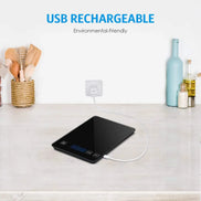 USB rechargeable device on a kitchen counter with 'USB Rechargeable' text above.