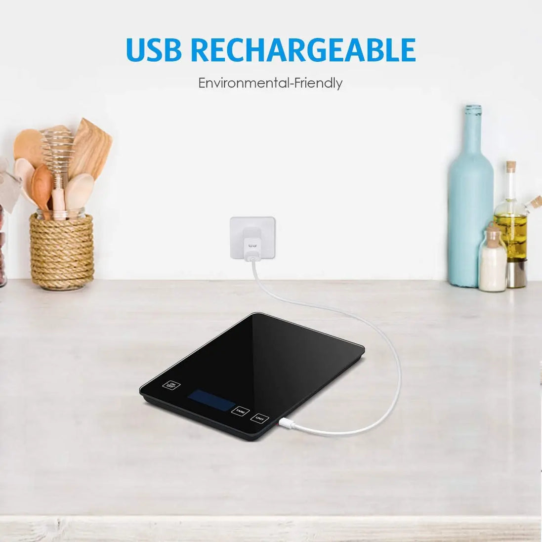 USB rechargeable device on a kitchen counter with 'USB Rechargeable' text above.