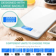 Digital kitchen scale on a wooden surface with ingredients, highlighting its large backlit display.
