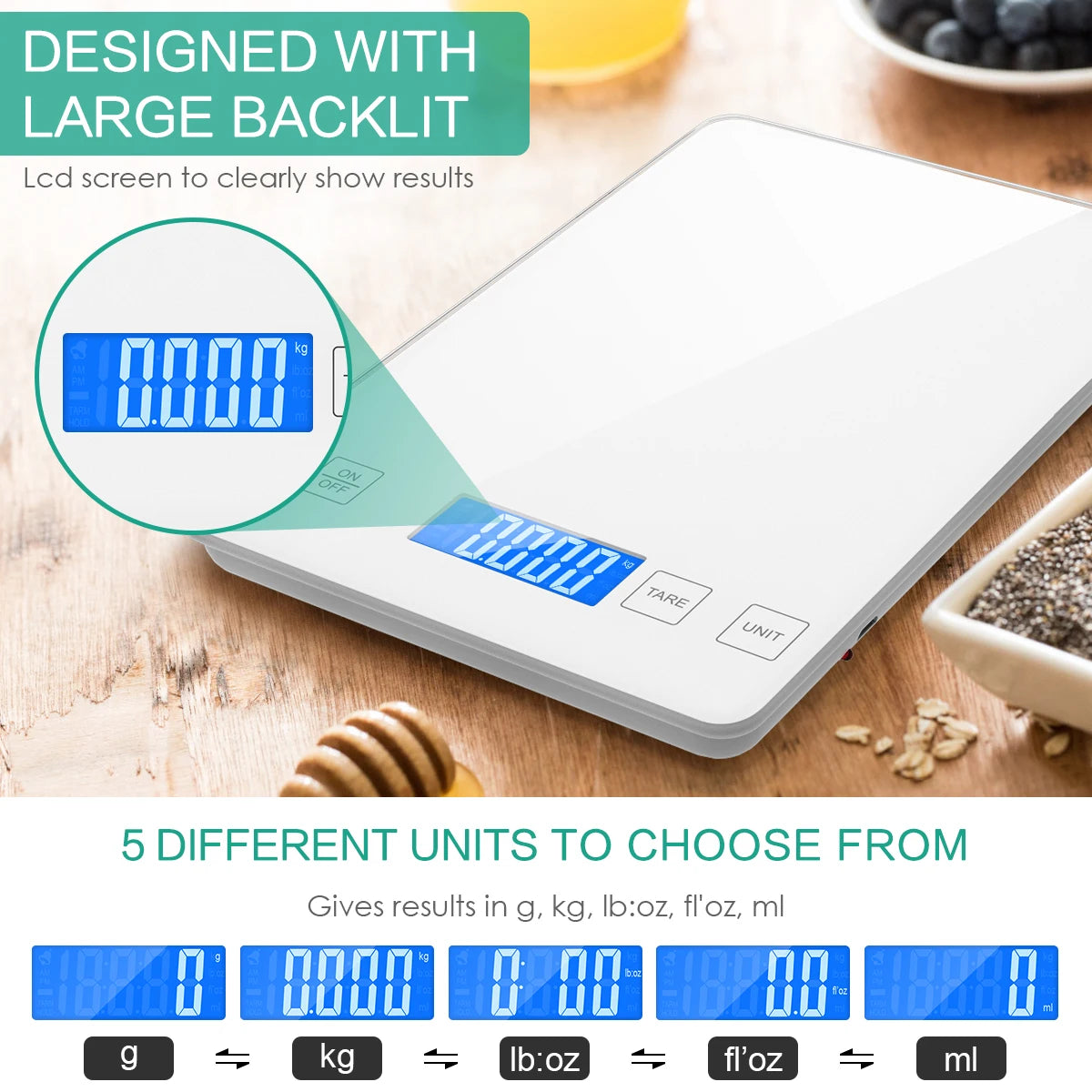Digital kitchen scale on a wooden surface with ingredients, highlighting its large backlit display.