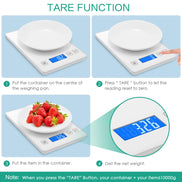 Digital kitchen scale with tare function demonstration on a blue background