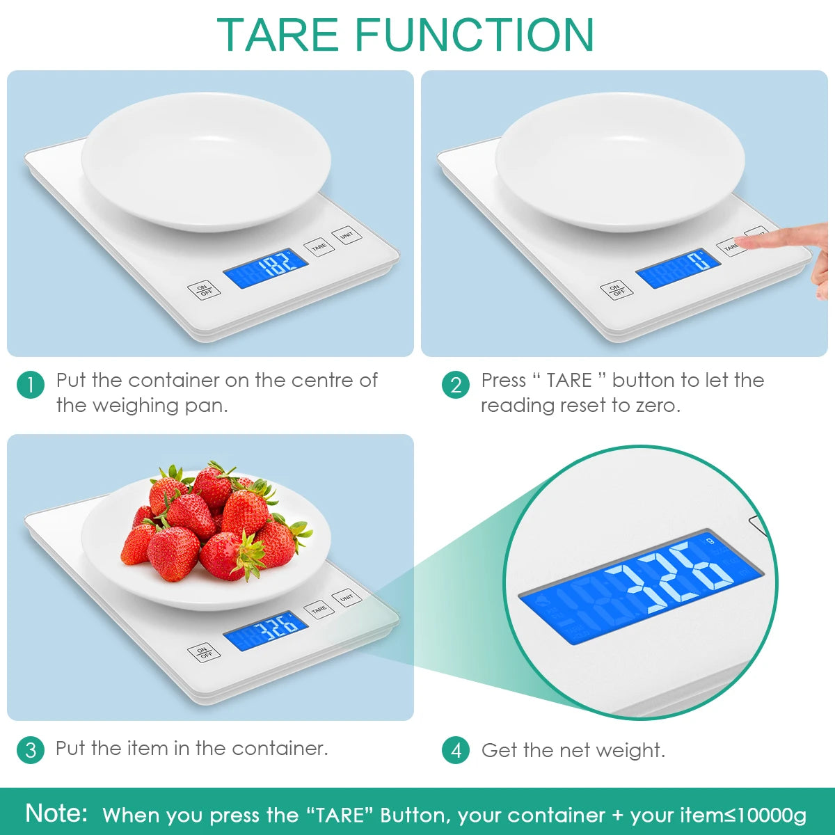 Digital kitchen scale with tare function demonstration on a blue background