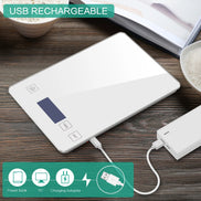 USB rechargeable electronic device on a wooden surface with power bank, PC, and charging adapter icons.