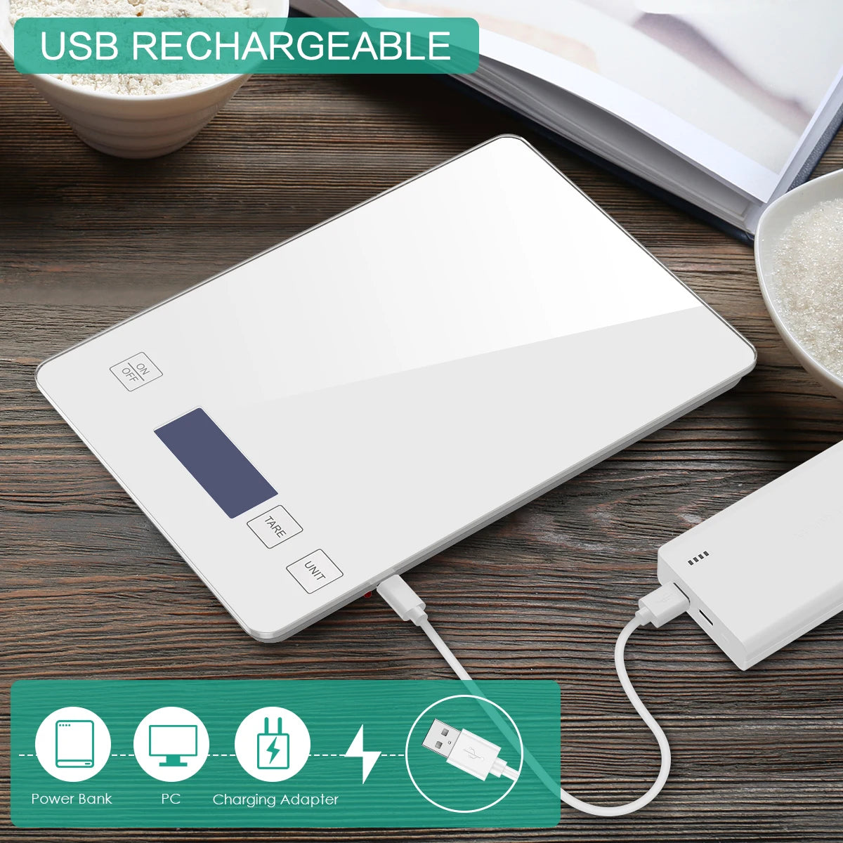 USB rechargeable electronic device on a wooden surface with power bank, PC, and charging adapter icons.