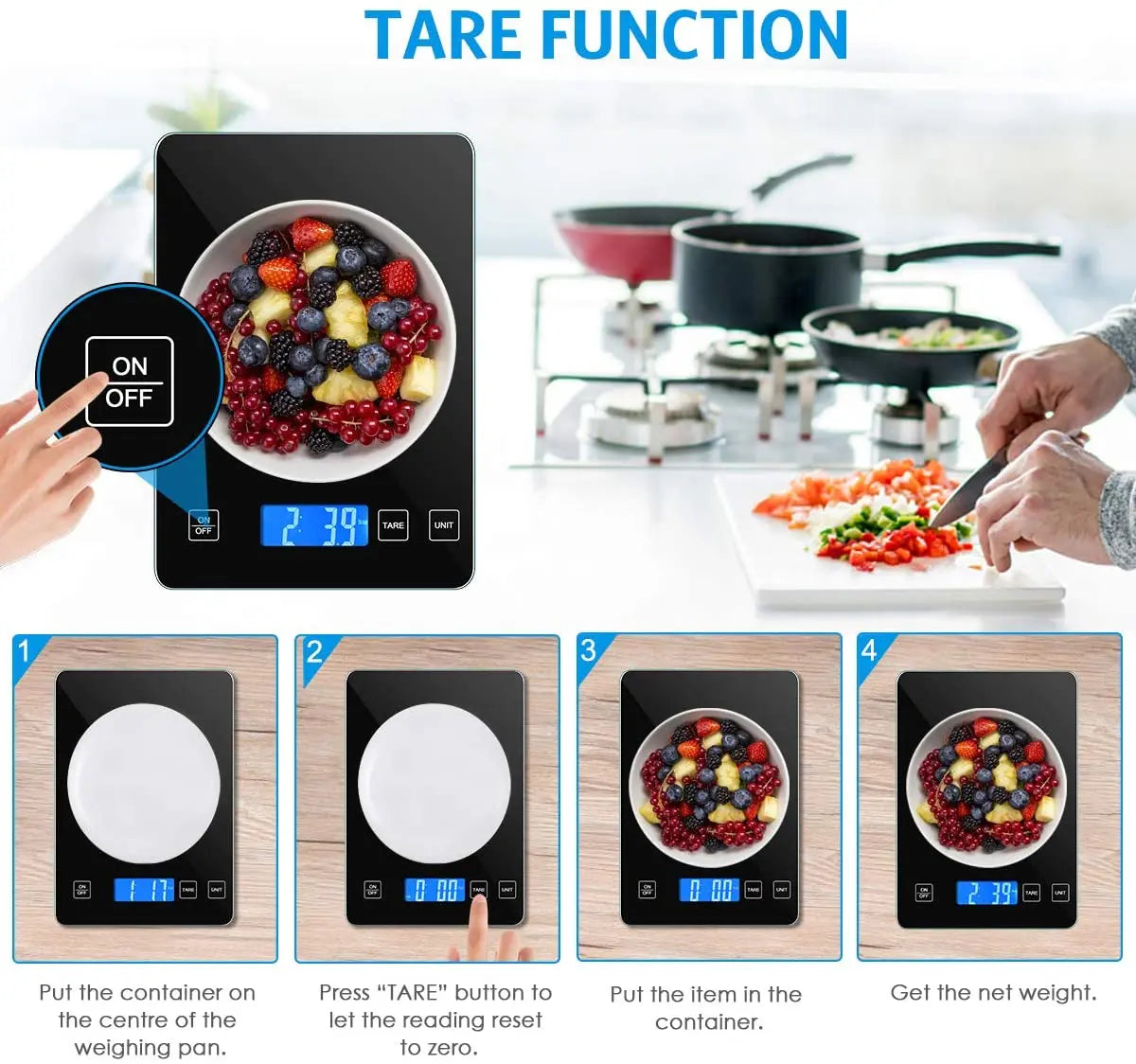 Digital kitchen scale with tare function demonstration in a kitchen setting.