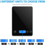 Digital kitchen scale with black platform and blue digital display on a white background