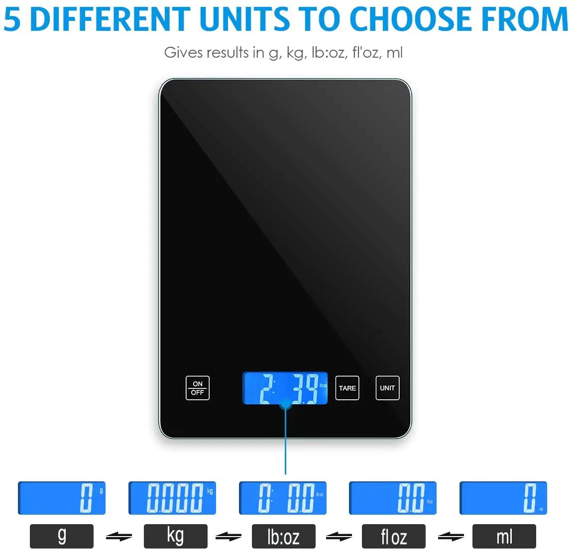 Digital kitchen scale with black platform and blue digital display on a white background