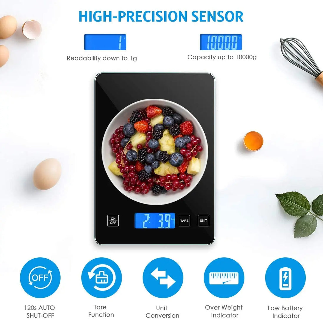 Digital kitchen scale with a bowl of fruits on a white background, featuring high-precision sensor details.