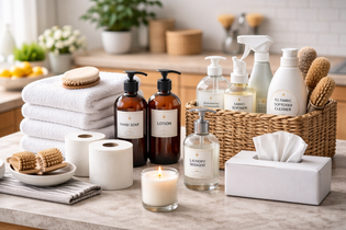 Cleaning supplies including bottles, a candle, and towels on a kitchen counter.