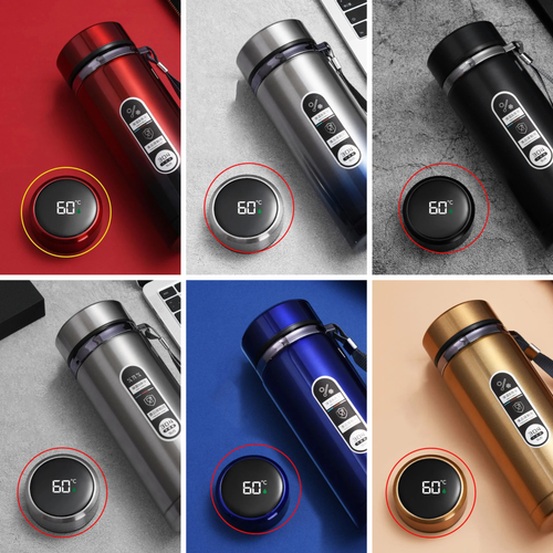 Collage of six thermos bottles in different colors with digital displays showing 60 degrees.