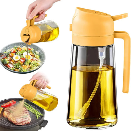 Yellow oil dispenser being used on a salad and grill with a clear container of oil.