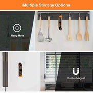 Storage solution with hang hole and built-in magnet features, showing kitchen utensils and a digital thermometer.