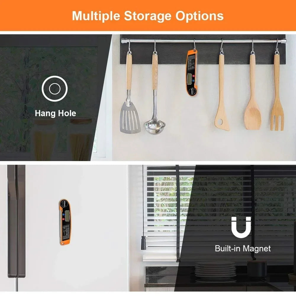 Storage solution with hang hole and built-in magnet features, showing kitchen utensils and a digital thermometer.