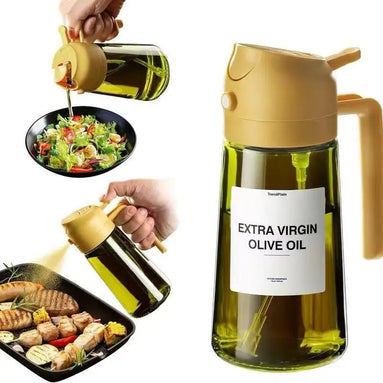 Olive oil dispenser being used on a salad and grilled food with 'Extra Virgin Olive Oil' label.