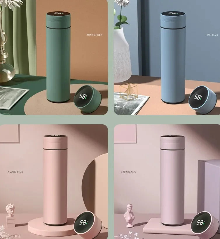 Four different colored thermos bottles with digital displays on a minimalistic background.