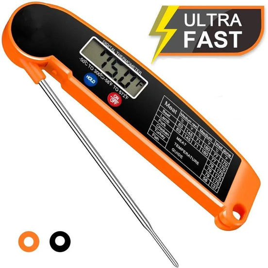Orange digital thermometer with a black探针 on a white background, featuring the word 'ULTRA' above it.