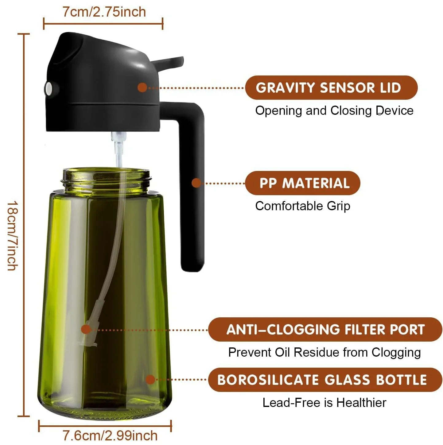 Green oil sprayer with black lid and measurement details on a white background