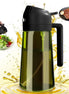 Oil and vinegar dispenser with olive oil being poured into a salad and used on a steak, surrounded by splashes of oil.