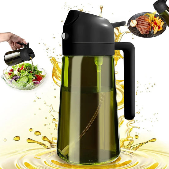 Oil and vinegar dispenser with olive oil being poured into a salad and used on a steak, surrounded by splashes of oil.