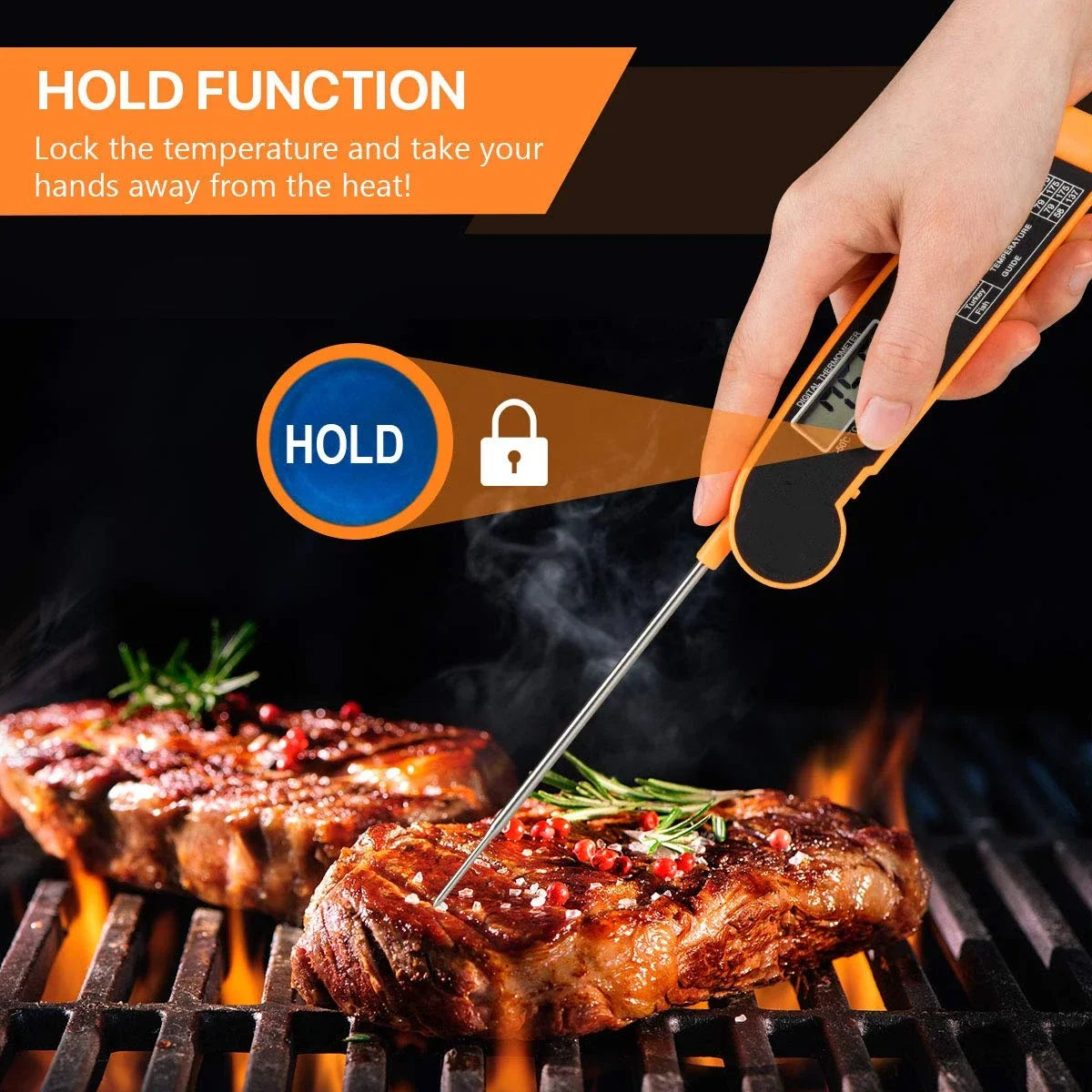 Thermometer probe inserted into a steak on a grill with text about the 'Hold' function.