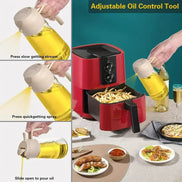 Collage of a red air fryer with an adjustable oil control tool being used to cook food.