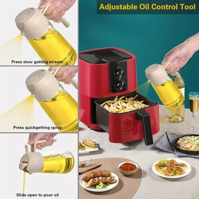 Collage of a red air fryer with an adjustable oil control tool being used to cook food.