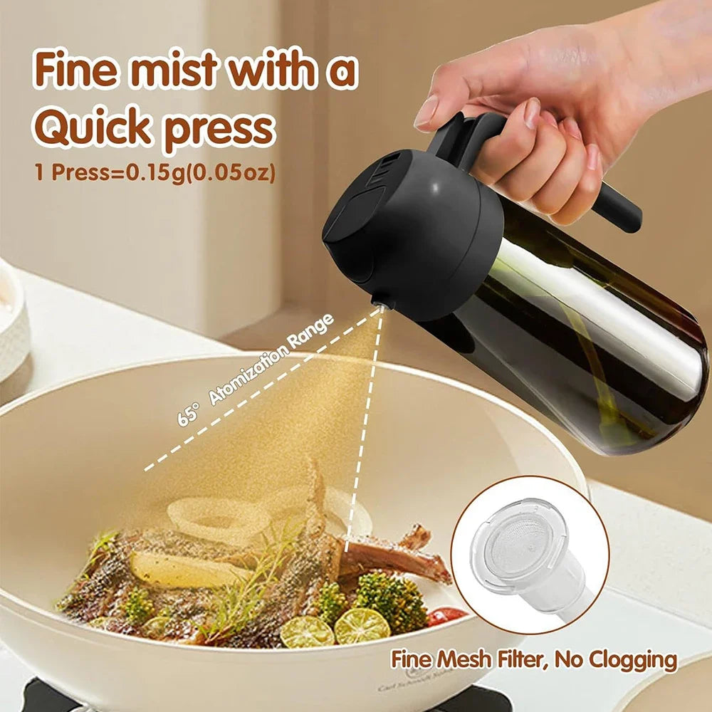 Person using a black oil sprayer over food in a pan with text about fine mist and quick press feature.