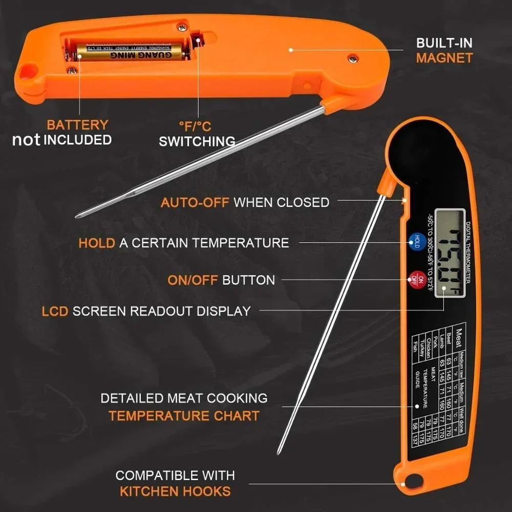Orange digital thermometer with features highlighted on a dark background