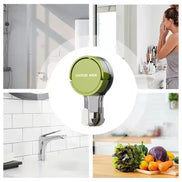 Collage of a green suction hook with kitchen, bathroom, and food preparation backgrounds.