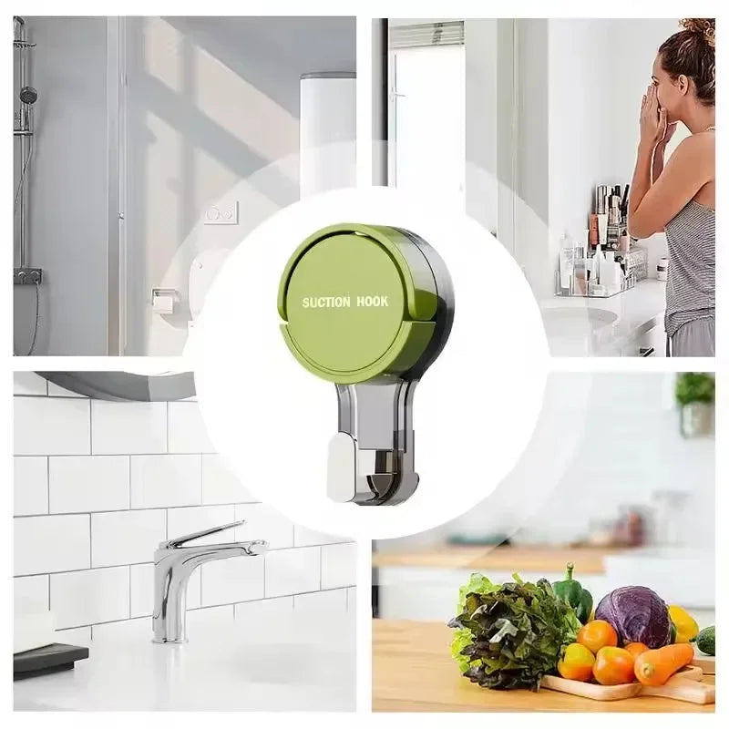 Collage of a green suction hook with kitchen, bathroom, and food preparation backgrounds.