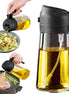 Olive oil dispenser being used on a salad and grill with a white background