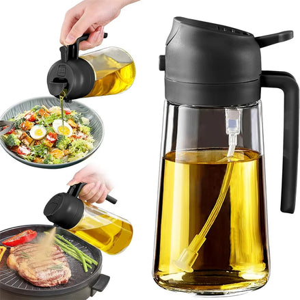 Olive oil dispenser being used on a salad and grill with a white background