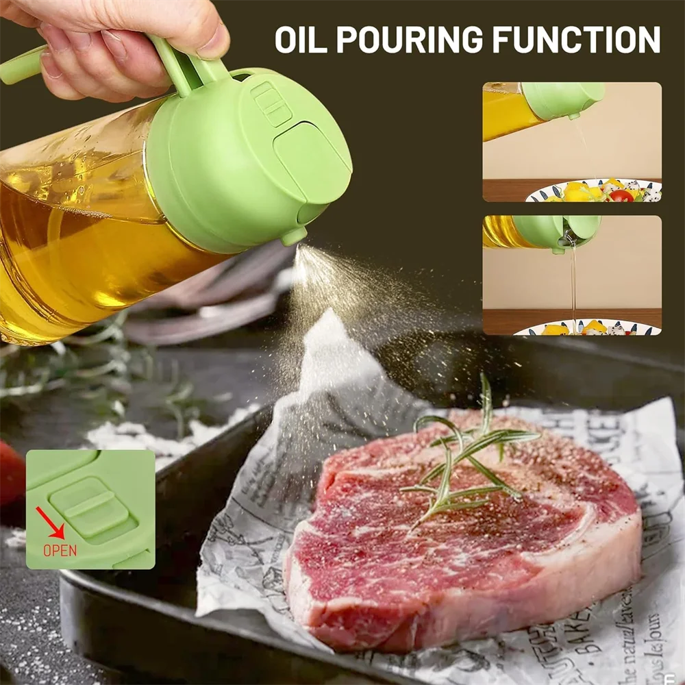 Oil pouring function demonstration with a green oil bottle and raw steak on a pan.