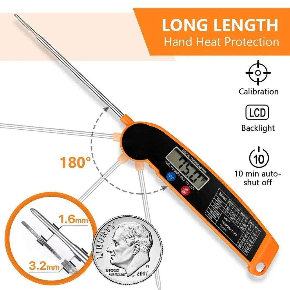 Digital thermometer with long length hand heat protection feature, calibration, LCD backlight, and 10-minute auto-shut-off on a beige background.