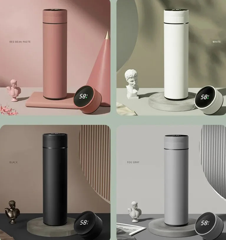 Collage of a thermos bottle with digital display in various colors on a minimalistic background.